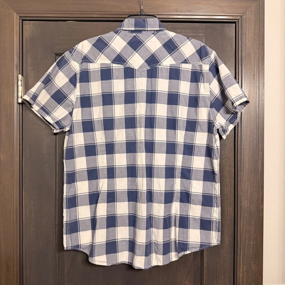 Express Mens Blue White Plaid Short Sleeve Pearl Snap Western Shirt XL Cotton